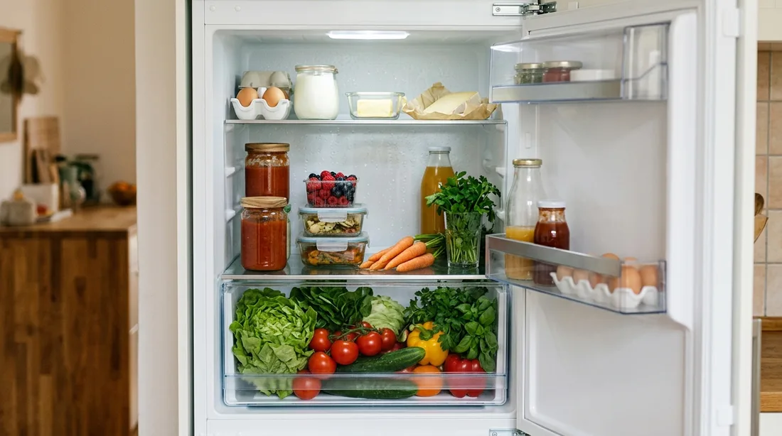 Blick in einen geöffneten Kühlschrank mit Glasablagen, Frischeschublade und beschlagener Innenwand