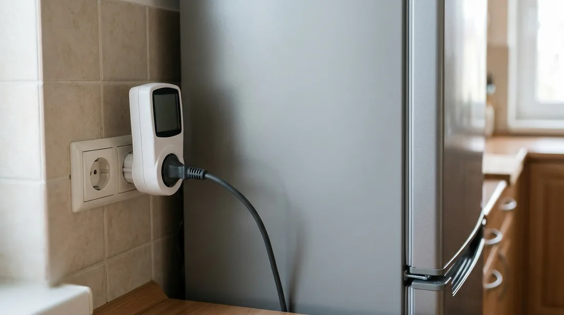 Strommessgerät zwischen Steckdose und dem Netzstecker eines Kühlschranks in einer Küche